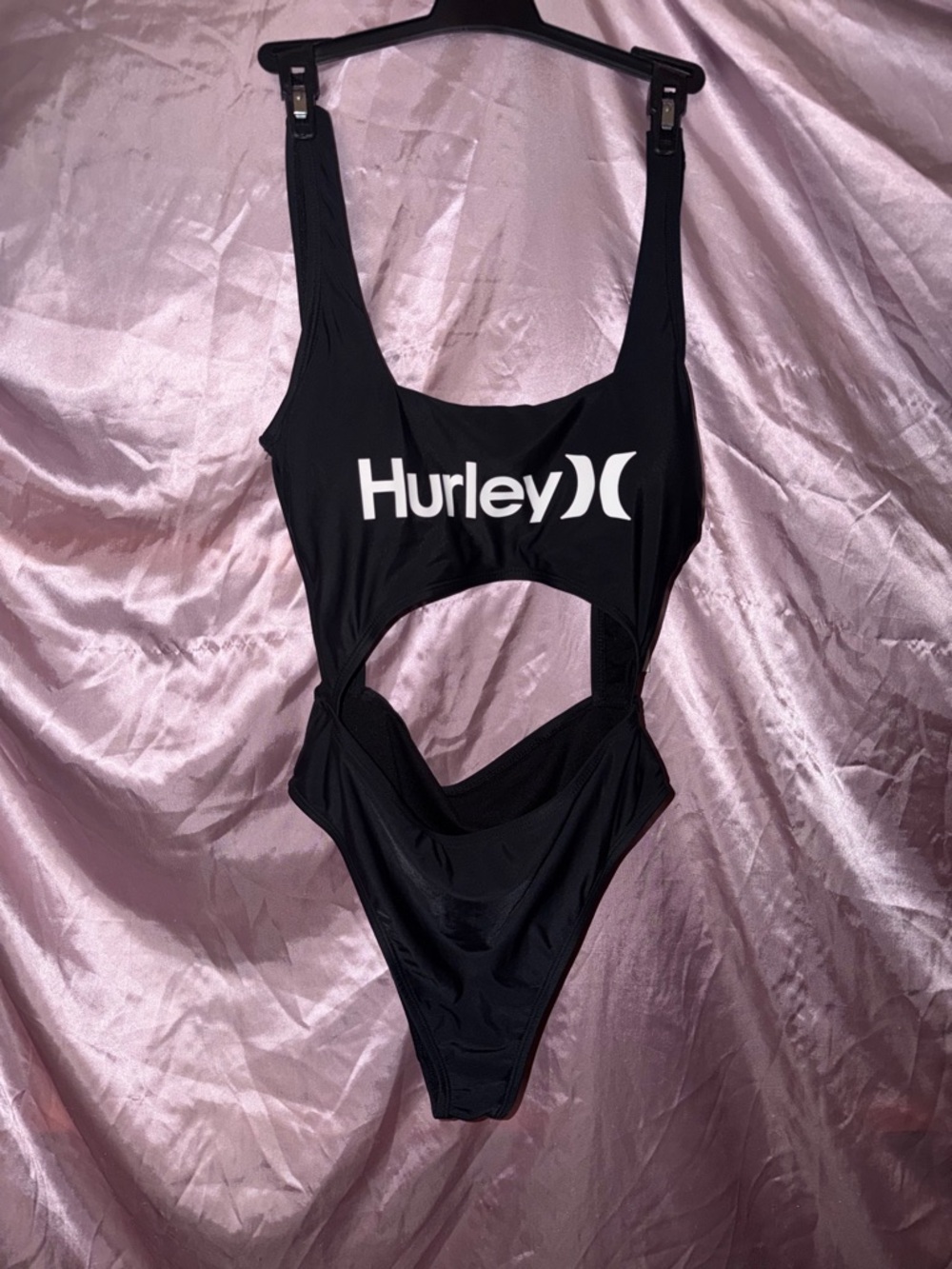 Hurley black one-piece swimsuit with cutouts and white logo graphic